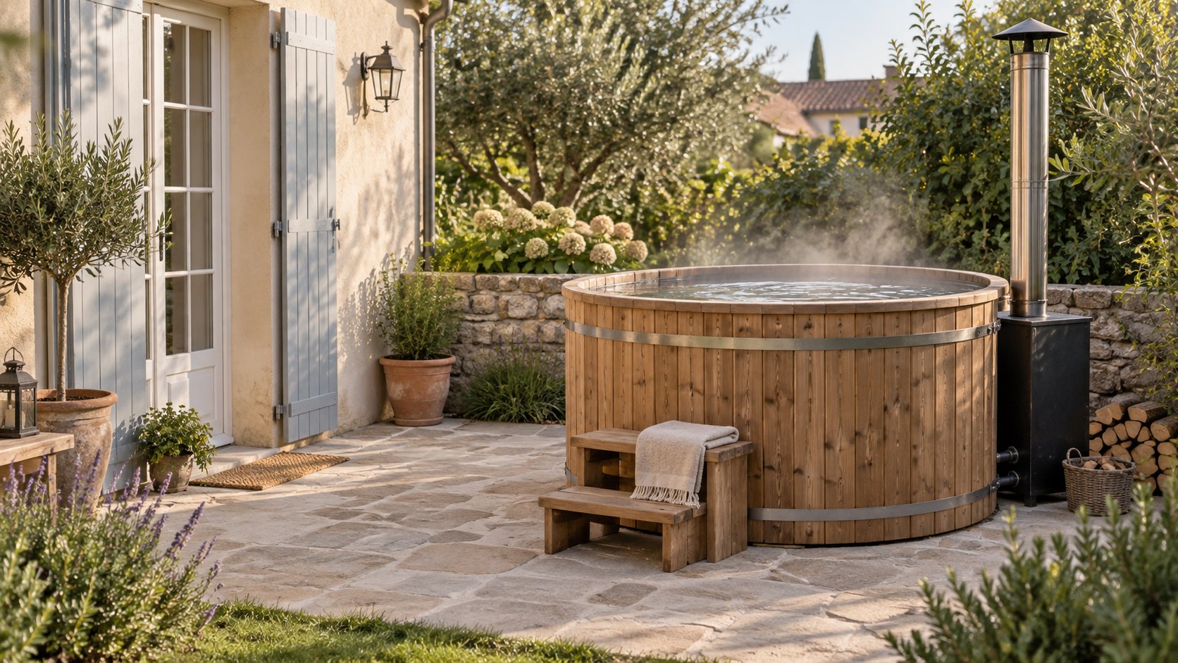 Illustration d’ambiance : un bain nordique en bois avec chauffage extérieur dans un petit jardin.