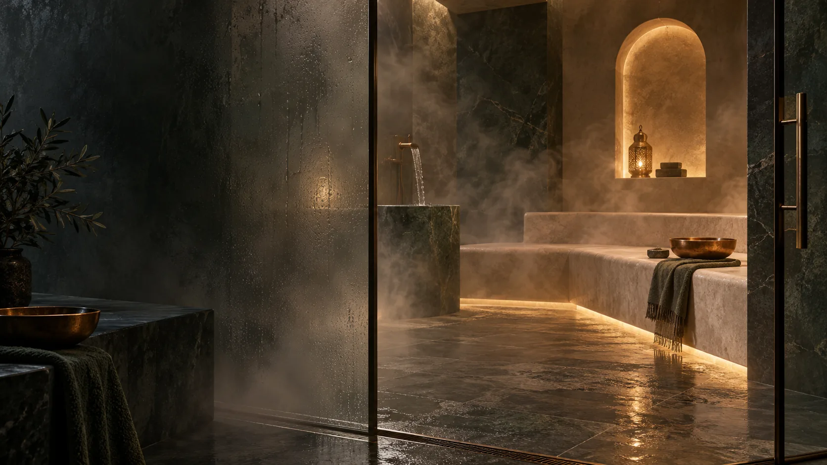Illustration d’ambiance : une pièce de hammam en pierre derrière une vitre embuée.