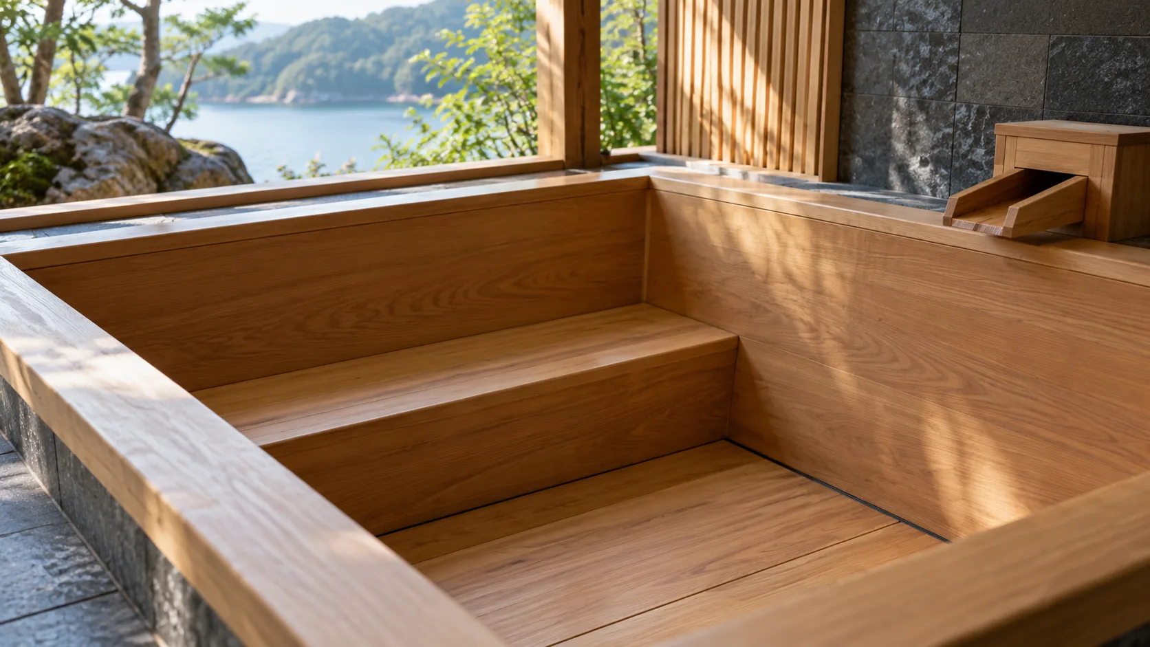 Intérieur d’une baignoire profonde en bois avec une assise.