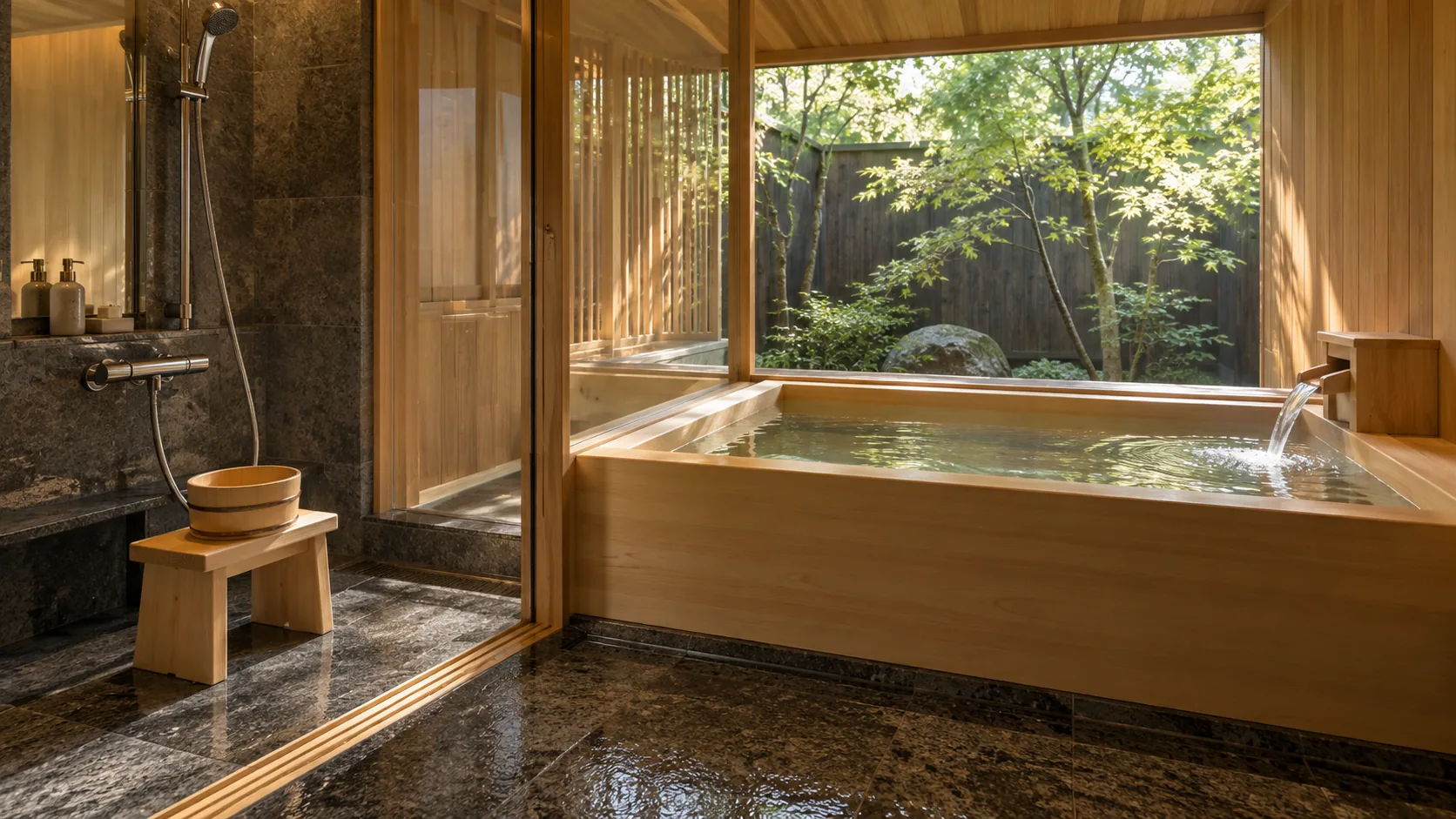 Espace de douche à côté d’une baignoire en bois remplie d’eau.