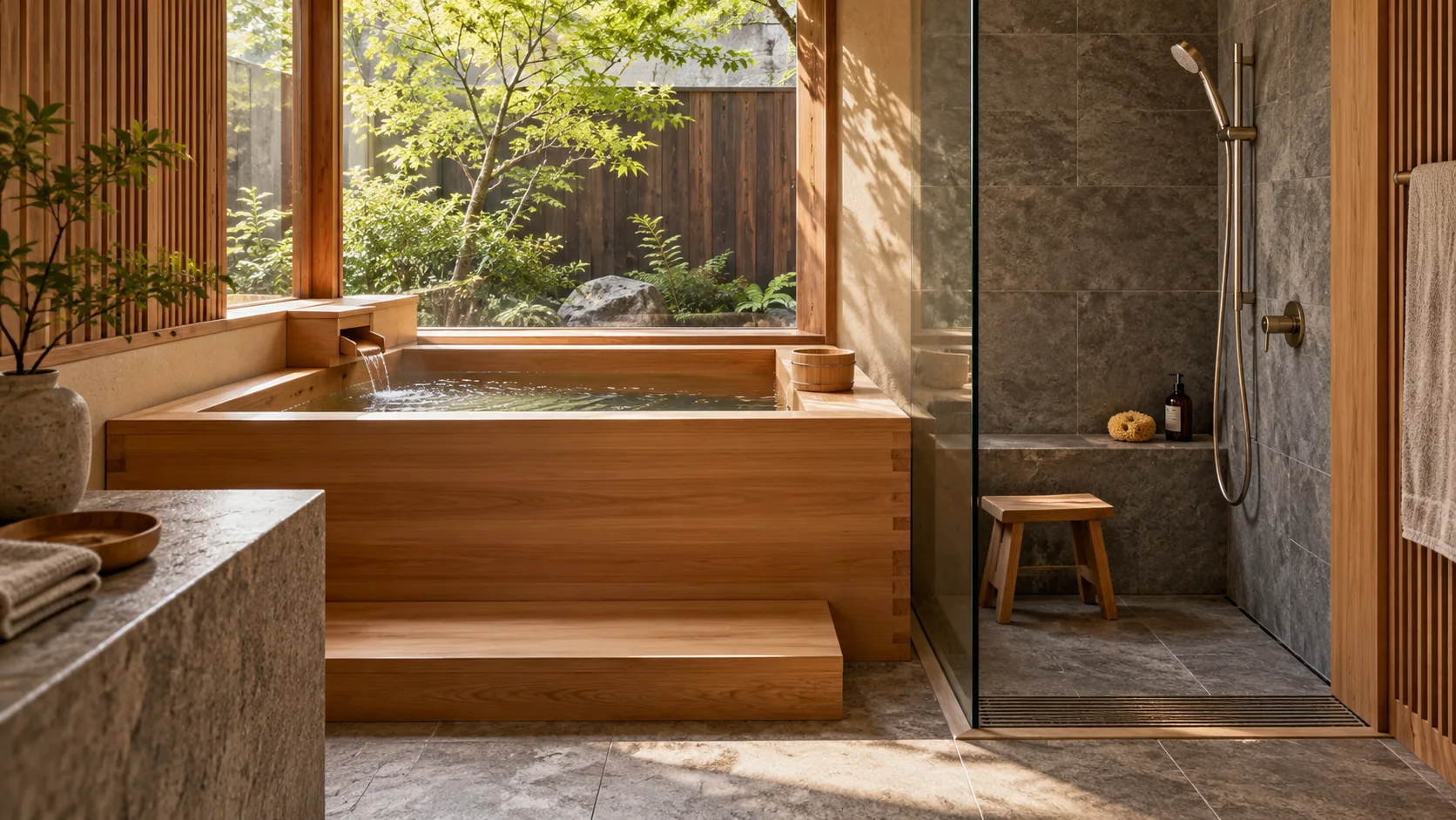 Baignoire en bois et espace douche séparé dans une salle de bain.