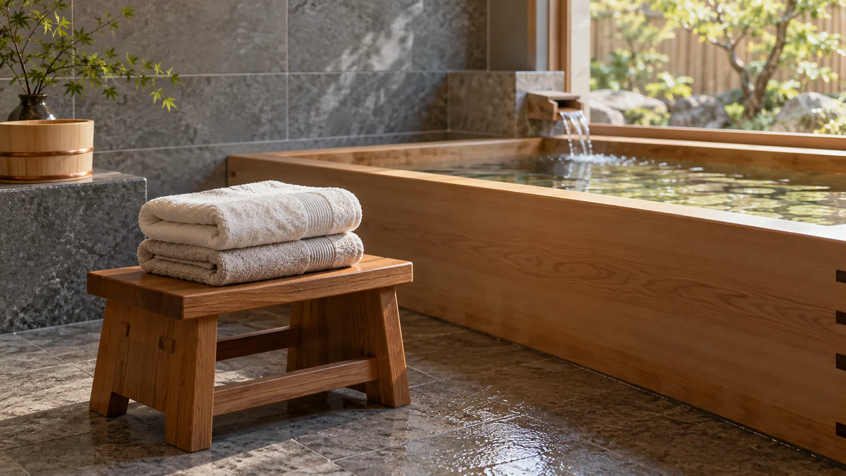 Serviettes pliées sur un tabouret près d’une baignoire en bois.