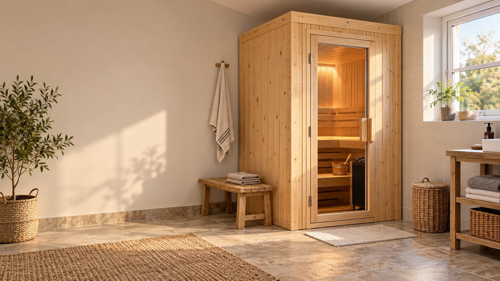 Illustration d’ambiance : une cabine de sauna compacte dans un intérieur de maison.