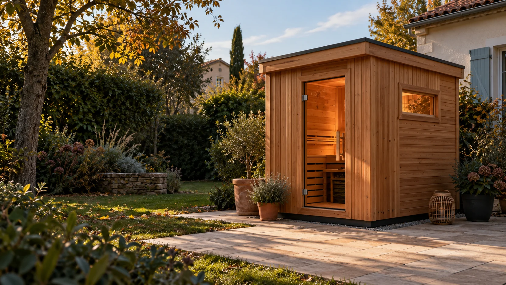 Illustration d’ambiance : un sauna compact en bois dans le jardin d’une maison de quartier.