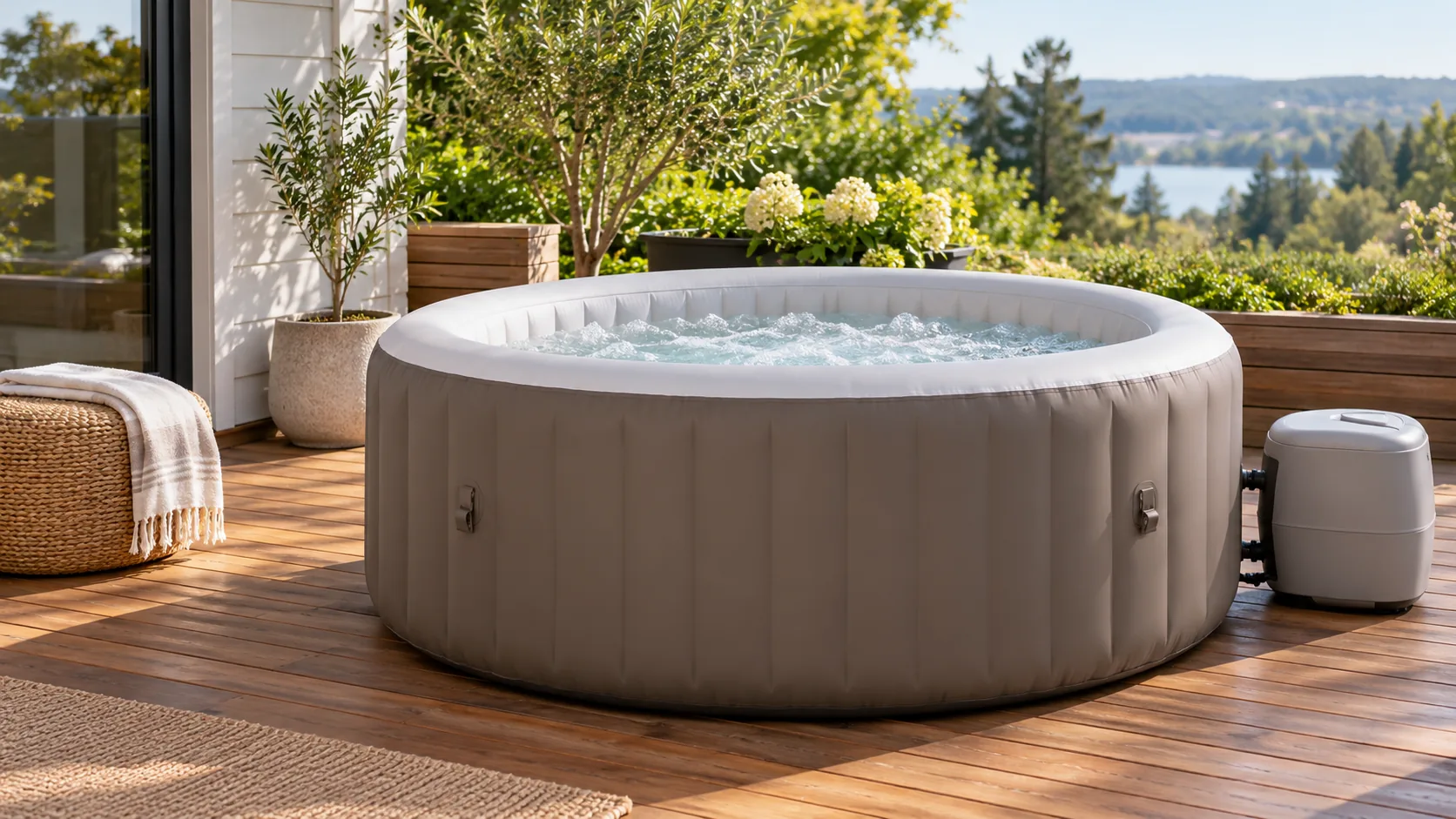 Spa gonflable avec eau bouillonnante sur une terrasse en bois.
