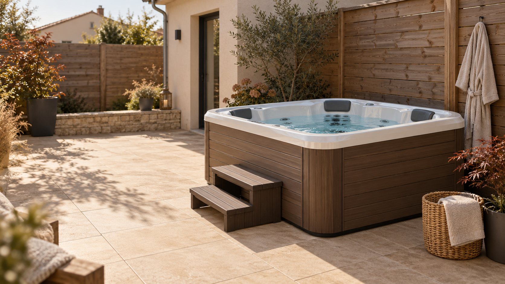 Illustration d’ambiance : petit spa sur la terrasse d’une maison ordinaire.