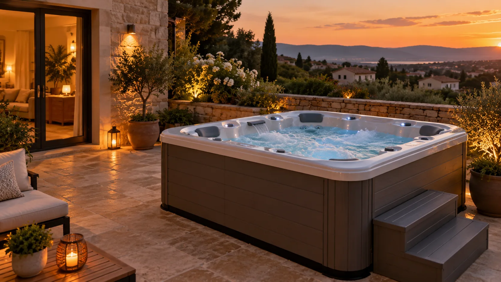 Spa rigide à remous sur une terrasse de maison au coucher du soleil.